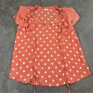 Perch By Blu Pepper Blouse Women's Polka Dot Top 1XL Coral Flutter Sleeve